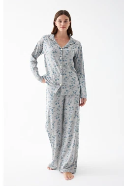 Kadın Gri Desenli Düğmeli Pamuklu Pijama Takımı Akbeniz 27955