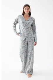 Kadın Gri Desenli Düğmeli Pamuklu Pijama Takımı Akbeniz 27955