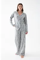 Kadın Gri Desenli Düğmeli Pamuklu Pijama Takımı Akbeniz 27955 Gri