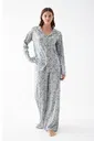 Kadın Gri Desenli Düğmeli Pamuklu Pijama Takımı Akbeniz 27955
