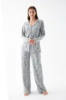 Kadın Gri Desenli Düğmeli Pamuklu Pijama Takımı Akbeniz 27955 Gri görsel 4
