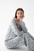 Kadın Gri Desenli Düğmeli Pamuklu Pijama Takımı Akbeniz 27955 Gri detay görünüm