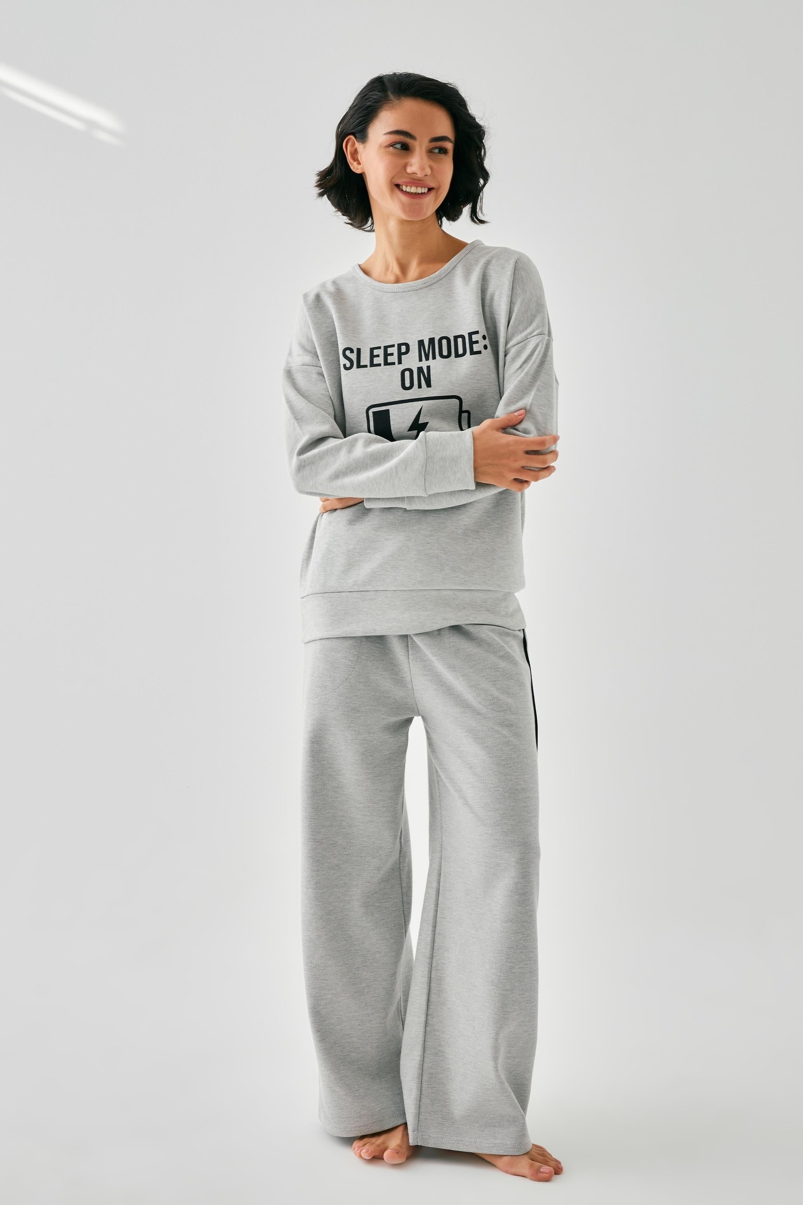 Kadın Gri Sleep Mode On Baskılı Oversize 2 İplik Eşofman Takımı Akbeniz B3333