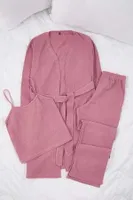 Kadın Gül Kurusu Waffle Dokulu 3’lü Sabahlıklı Pijama Takımı Bella Notte 61113 Gül Kurusu farklı açı