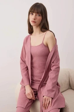 Kadın Gül Kurusu Waffle Dokulu 3’lü Sabahlıklı Pijama Takımı Bella Notte 61113
