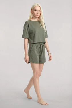 Kadın Haki Kısa Kollu Şortlu Pijama Takımı Akbeniz Y1300