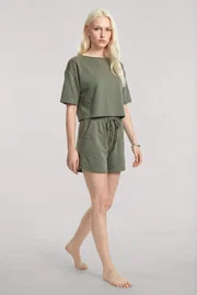Kadın Haki Kısa Kollu Şortlu Pijama Takımı Akbeniz Y1300