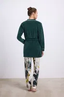 Kadın Kadife Sabahlık, Dantelli Atlet ve Desenli Pantolon Pijama Takım Anıl 11554 Koyu Yeşil detay görünüm