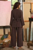 Kadın Kahverengi Kruvaze Yaka Belden Bağlamalı Tunik ve Bol Paça Pantolon İkili Takım Bella Notte 53141 Kahverengi görsel 4