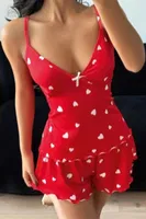 Kadın Kalp Desenli Şortlu Pijama Takım Ruselin 5178 Kırmızı detay görünüm