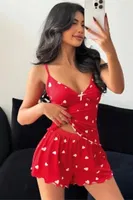 Kadın Kalp Desenli Şortlu Pijama Takım Ruselin 5178 Kırmızı