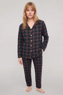 Kadın Lacivert Ekose Desenli Düğmeli Pijama Takımı Akbeniz 27957