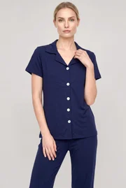 Kadın Lacivert Klasik Gömlek Yaka Pijama Takımı Akbeniz Y2000