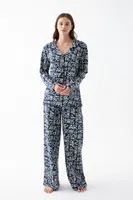 Kadın Lacivert Paris Yazılı Düğmeli Pamuklu Pijama Takımı Akbeniz 27952 Lacivert görsel 4