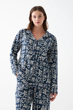 Kadın Lacivert Paris Yazılı Düğmeli Pamuklu Pijama Takımı Akbeniz 27952 - Alternatif Görünüm