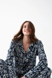 Kadın Lacivert Paris Yazılı Düğmeli Pamuklu Pijama Takımı Akbeniz 27952