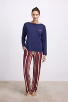Kadın Lacivert Uzun Kollu T-Shirt ve Çizgili Pantolon Takımı Anıl 11577 Lacivert
