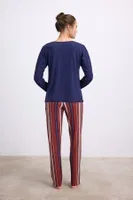 Kadın Lacivert Uzun Kollu T-Shirt ve Çizgili Pantolon Takımı Anıl 11577 Lacivert detay görünüm