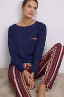 Kadın Lacivert Uzun Kollu T-Shirt ve Çizgili Pantolon Takımı Anıl 11577 Lacivert görsel 4