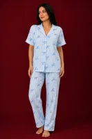 Kadın Mavi Çizgili Fiyonk Desenli Kısa Kollu Düğmeli Pijama Takımı Bella Notte 77591 Mavi detay görünüm