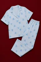 Kadın Mavi Çizgili Fiyonk Desenli Kısa Kollu Düğmeli Pijama Takımı Bella Notte 77591 Mavi görsel 4