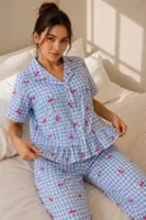 Kadın Mavi Pötikare Kiraz Desenli Fırfırlı Pijama Takımı Bella Notte 61239 Mavi görsel 4