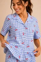 Kadın Mavi Pötikare Kiraz Desenli Fırfırlı Pijama Takımı Bella Notte 61239 Mavi görsel 5