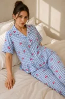 Kadın Mavi Pötikare Kiraz Desenli Fırfırlı Pijama Takımı Bella Notte 61239 Mavi farklı açı