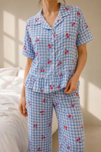 Kadın Mavi Pötikare Kiraz Desenli Fırfırlı Pijama Takımı Bella Notte 61239