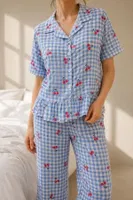 Kadın Mavi Pötikare Kiraz Desenli Fırfırlı Pijama Takımı Bella Notte 61239 Mavi