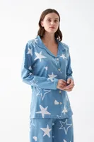 Kadın Mavi Yıldız Desenli Düğmeli Pamuklu Pijama Takımı Akbeniz 27953 Mavi görsel 4