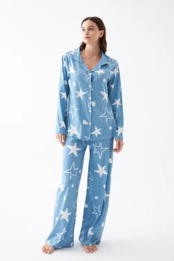 Kadın Mavi Yıldız Desenli Düğmeli Pamuklu Pijama Takımı Akbeniz 27953 - Alternatif Görünüm