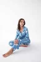 Kadın Mavi Yıldız Desenli Düğmeli Pamuklu Pijama Takımı Akbeniz 27953 Mavi