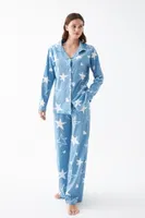 Kadın Mavi Yıldız Desenli Düğmeli Pamuklu Pijama Takımı Akbeniz 27953 Mavi görsel 6
