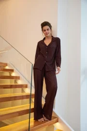 Kadın Mürdüm Önden Düğmeli Rahat Kesim Pijama Takımı Akbeniz 27956