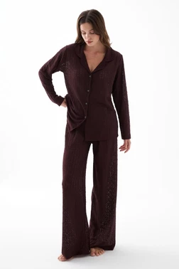 Kadın Mürdüm Önden Düğmeli Rahat Kesim Pijama Takımı Akbeniz 27956 - Alternatif Görünüm