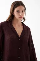 Kadın Mürdüm Önden Düğmeli Rahat Kesim Pijama Takımı Akbeniz 27956 Mürdüm görsel 4