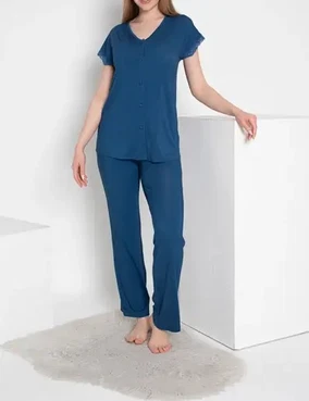 Kadın Önü Düğmeli Dantelli Pijama Takımı Confeo C840-787