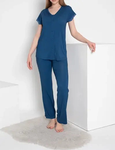 Kadın Önü Düğmeli Dantelli Pijama Takımı Confeo C840-787