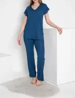 Kadın Önü Düğmeli Dantelli Pijama Takımı Confeo C840-787 Lacivert