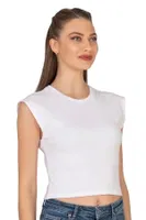 Kadın Pamuklu Fitilli Kaşkorse Düşük Kol Bisiklet Yaka Crop T-Shirt Bluz Özkan 27414 Beyaz görsel 12