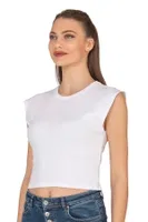 Kadın Pamuklu Fitilli Kaşkorse Düşük Kol Bisiklet Yaka Crop T-Shirt Bluz Özkan 27414 Beyaz görsel 11