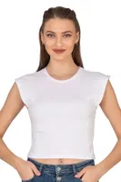 Kadın Pamuklu Fitilli Kaşkorse Düşük Kol Bisiklet Yaka Crop T-Shirt Bluz Özkan 27414 Beyaz görsel 9