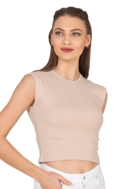 Kadın Pamuklu Fitilli Kaşkorse Düşük Kol Bisiklet Yaka Crop T-Shirt Bluz Özkan 27414