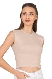 Kadın Pamuklu Fitilli Kaşkorse Düşük Kol Bisiklet Yaka Crop T-Shirt Bluz Özkan 27414