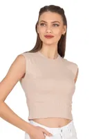 Kadın Pamuklu Fitilli Kaşkorse Düşük Kol Bisiklet Yaka Crop T-Shirt Bluz Özkan 27414 Taş