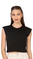 Kadın Pamuklu Fitilli Kaşkorse Düşük Kol Bisiklet Yaka Crop T-Shirt Bluz Özkan 27414 Siyah görsel 5