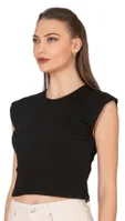 Kadın Pamuklu Fitilli Kaşkorse Düşük Kol Bisiklet Yaka Crop T-Shirt Bluz Özkan 27414 Siyah görsel 7