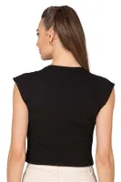 Kadın Pamuklu Fitilli Kaşkorse Düşük Kol Bisiklet Yaka Crop T-Shirt Bluz Özkan 27414 Siyah görsel 6