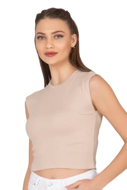 Kadın Pamuklu Fitilli Kaşkorse Düşük Kol Bisiklet Yaka Crop T-Shirt Bluz Özkan 27414 - Alternatif Görünüm